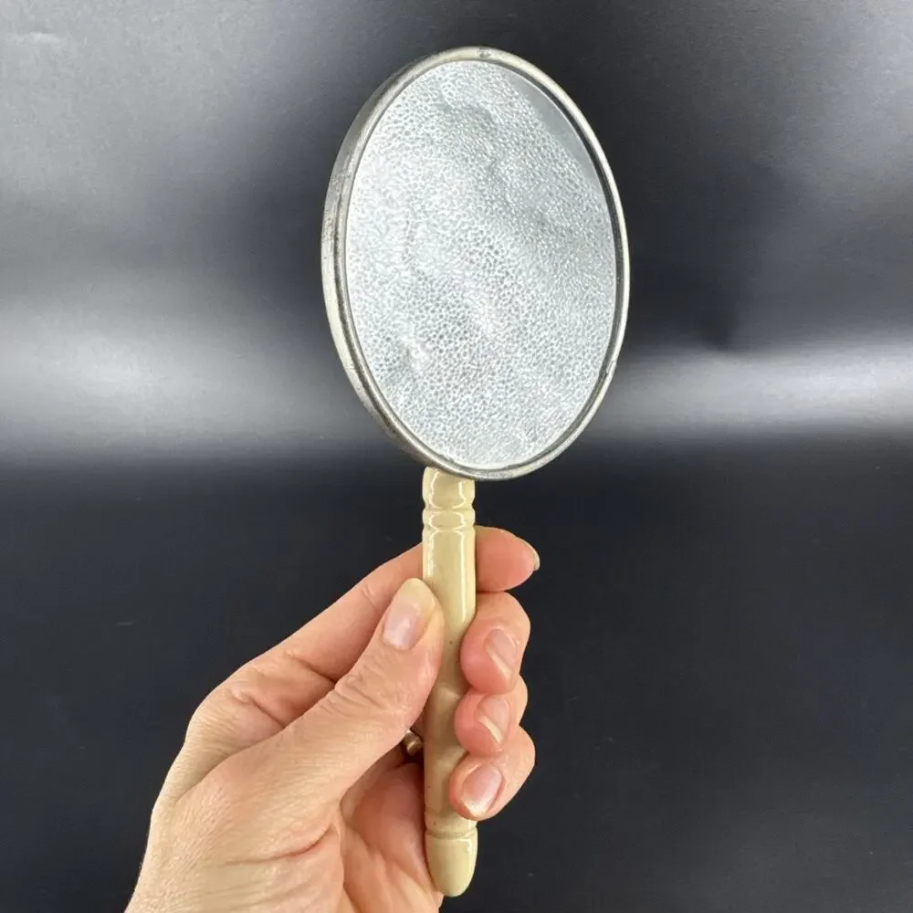 Vtg 1920's French Hand Held Round Vanity Mirror Marie Antoinette Adjustable